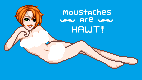 pixel art of reclining woman, nude but with strategically placed clouds, red layered bob and mustache, eye patch, text that reads 'mustaches are HAWT'